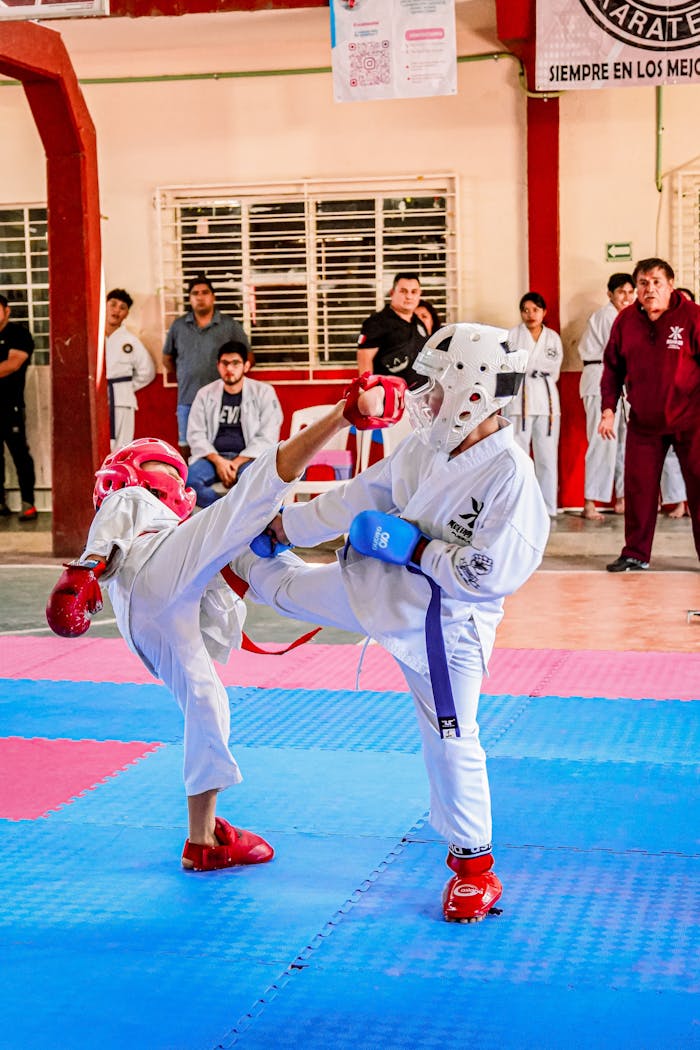 Karate competitors engage in a fierce match indoors, showcasing skill and discipline.